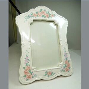 Ceramic Vintage Peachy Pink Roses Picture Frame w Lilac Flowers 10" tall
